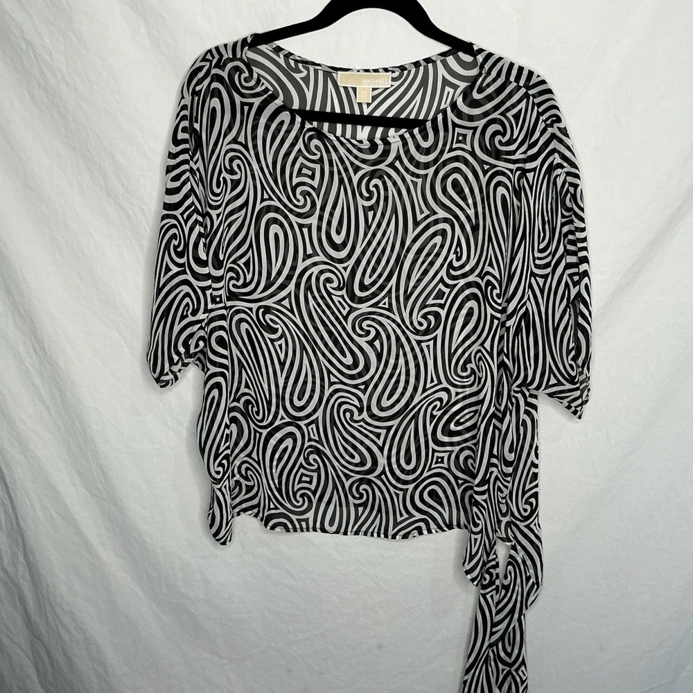 Michael Michael Kors Sheer Abstract Print Blouse Womens 0X Black White Waist Tie
